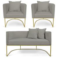 Kit 01 Namoradeira 02 Lugares E 02 Poltronas Paola Linho Grafite A26 Base Metálica Dourado - 1