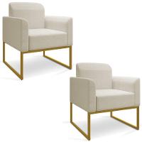Kit 02 Poltronas Marisa Linho Grosso Bege A19 Base Industrial Metálica Dourado - 1