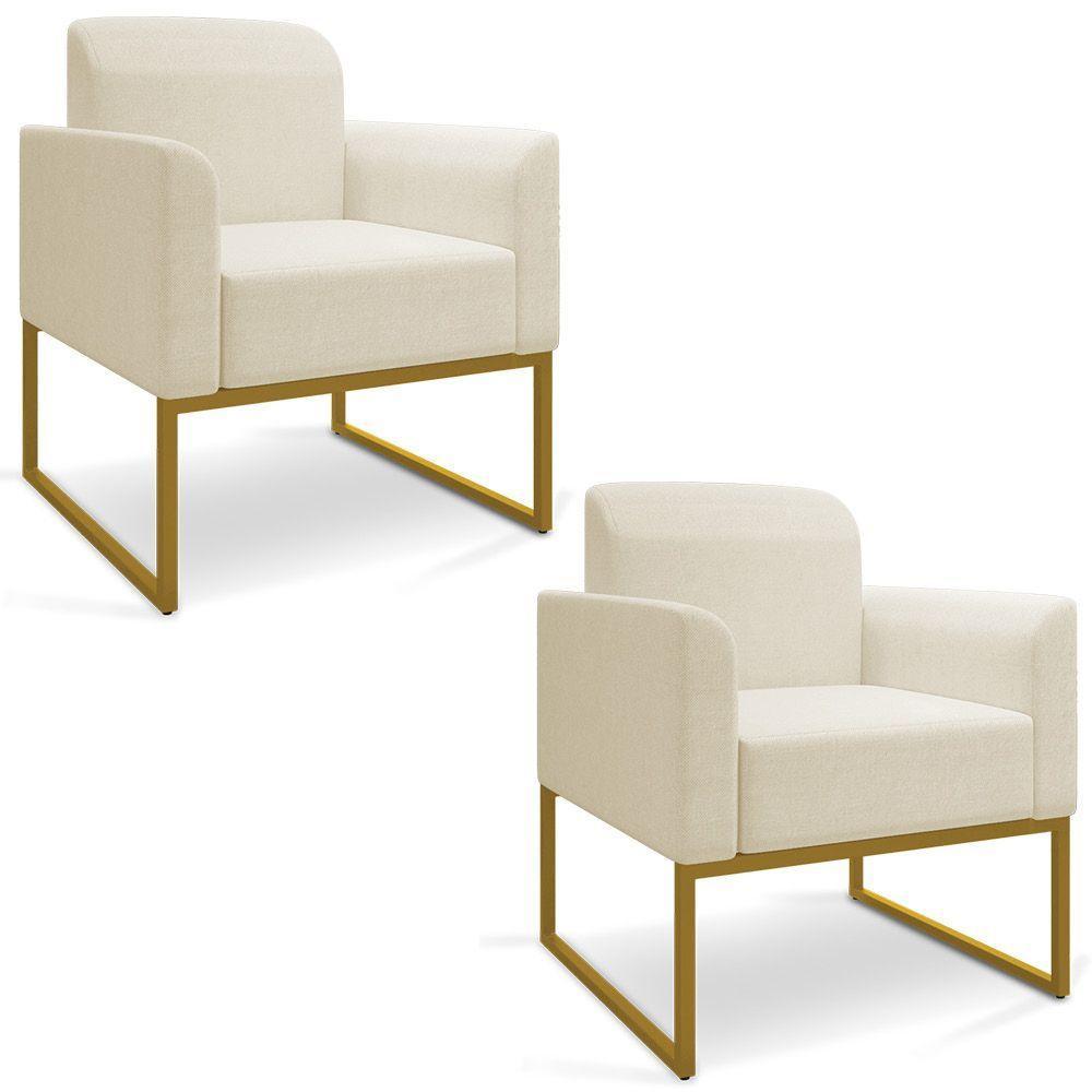 Kit 02 Poltronas Marisa Linho Areia A27 Base Industrial Metálica Dourado - D'rossi - 1