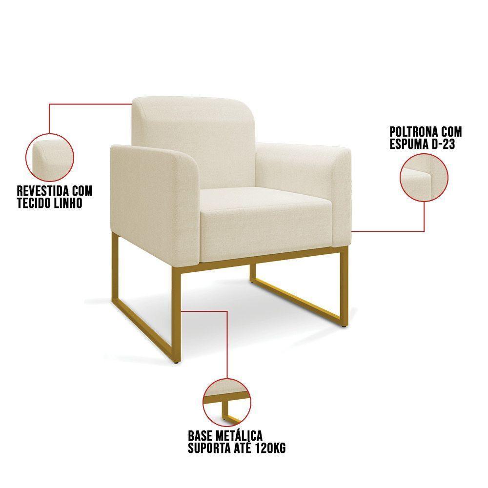 Kit 02 Poltronas Marisa Linho Areia A27 Base Industrial Metálica Dourado - D'rossi - 6