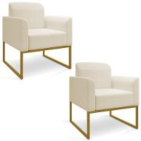 Kit 02 Poltronas Marisa Linho Areia A27 Base Industrial Metálica Dourado - D'rossi - 1