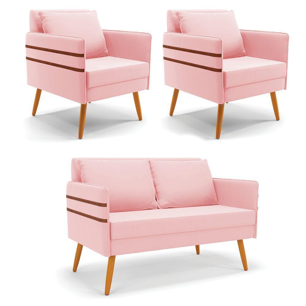 Kit 01 Namoradeira E 02 Poltronas Suede Rosa Bebê Castanho - 1