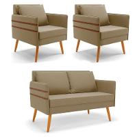 Kit 01 Namoradeira E 02 Poltronas Suede Marrom Rato Castanho - 1