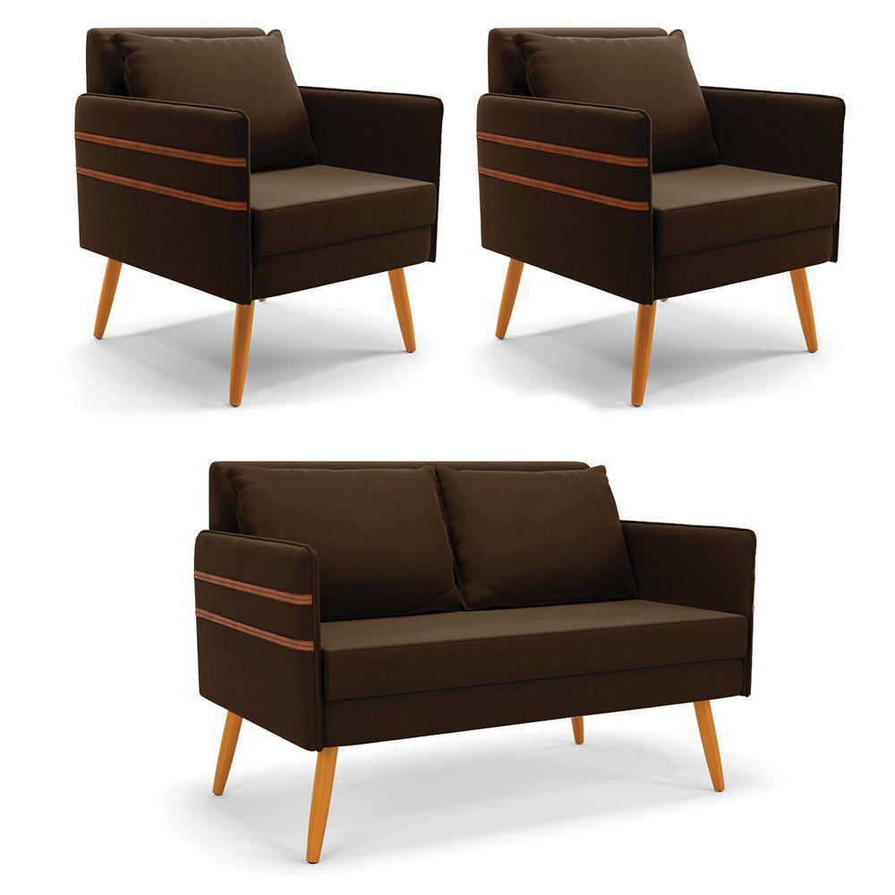 Kit 01 Namoradeira E 02 Poltronas Suede Marrom Castanho - 1
