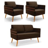 Kit 01 Namoradeira E 02 Poltronas Suede Marrom Castanho - 1