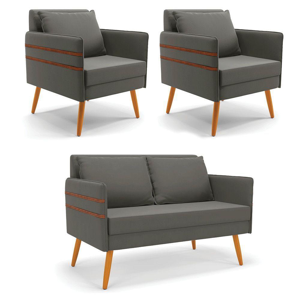 Kit 01 Namoradeira E 02 Poltronas Suede Grafite Castanho - 1