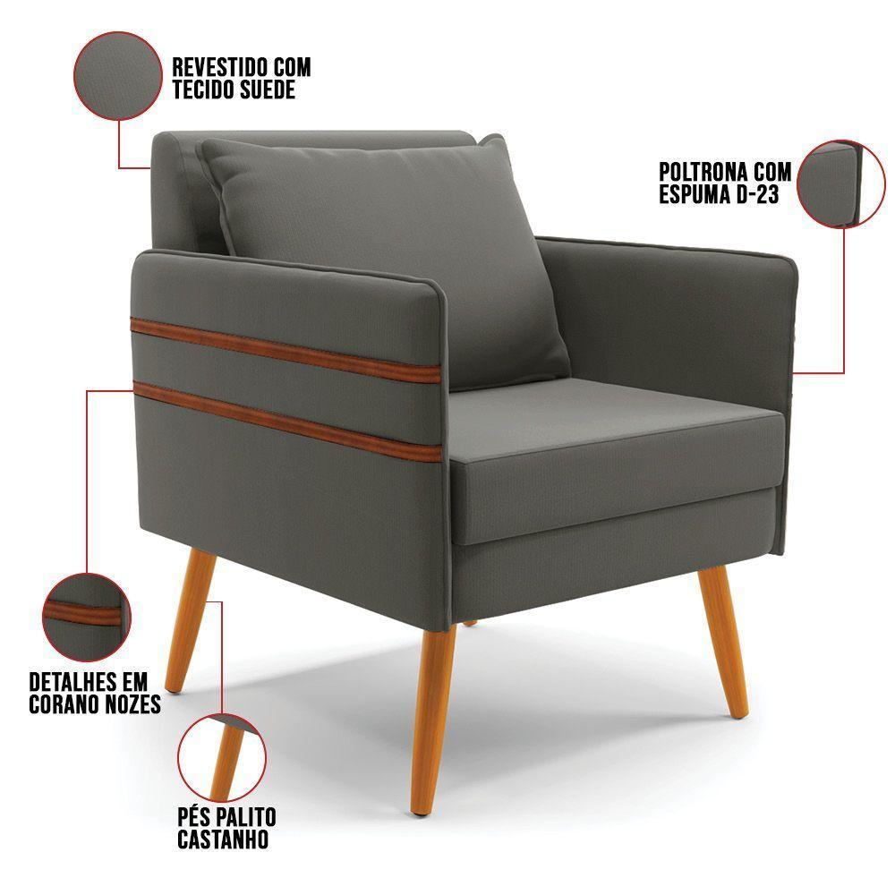 Kit 01 Namoradeira E 02 Poltronas Suede Grafite Castanho - 4