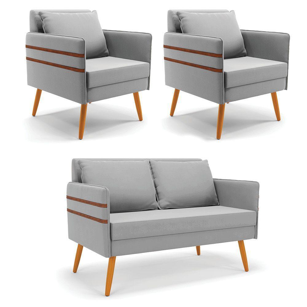 Kit 01 Namoradeira E 02 Poltronas Suede Castanho Cinza - 1