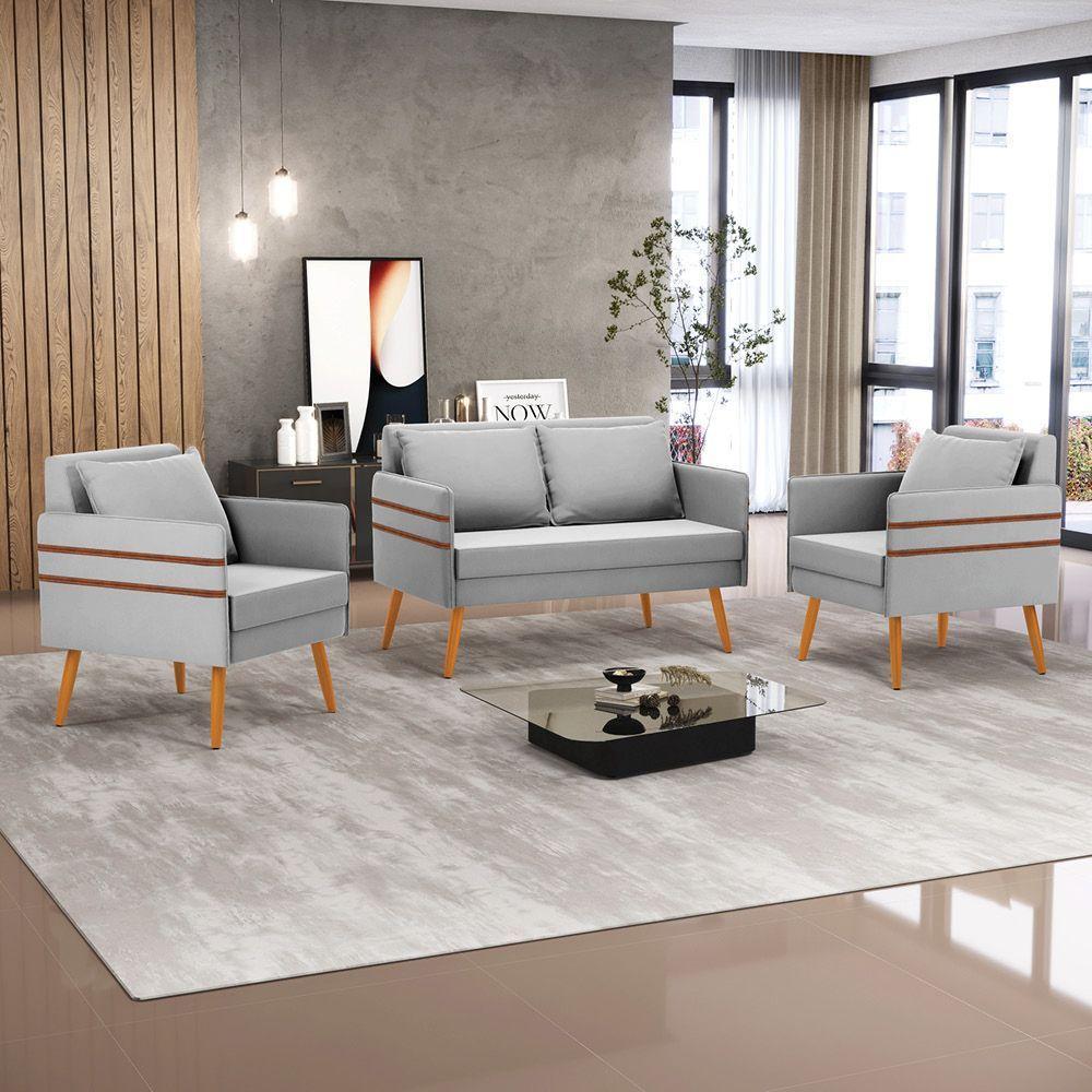 Kit 01 Namoradeira E 02 Poltronas Suede Castanho Cinza - 8