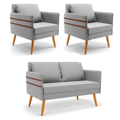 Kit 01 Namoradeira E 02 Poltronas Suede Castanho Cinza