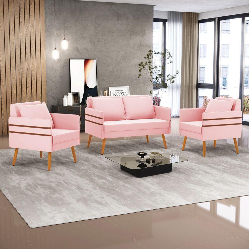 Kit 01 Namoradeira E 02 Poltronas Suede Castanho Rosa Bebê - 8