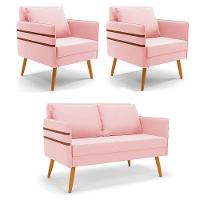 Kit 01 Namoradeira E 02 Poltronas Suede Castanho Rosa Bebê - 1