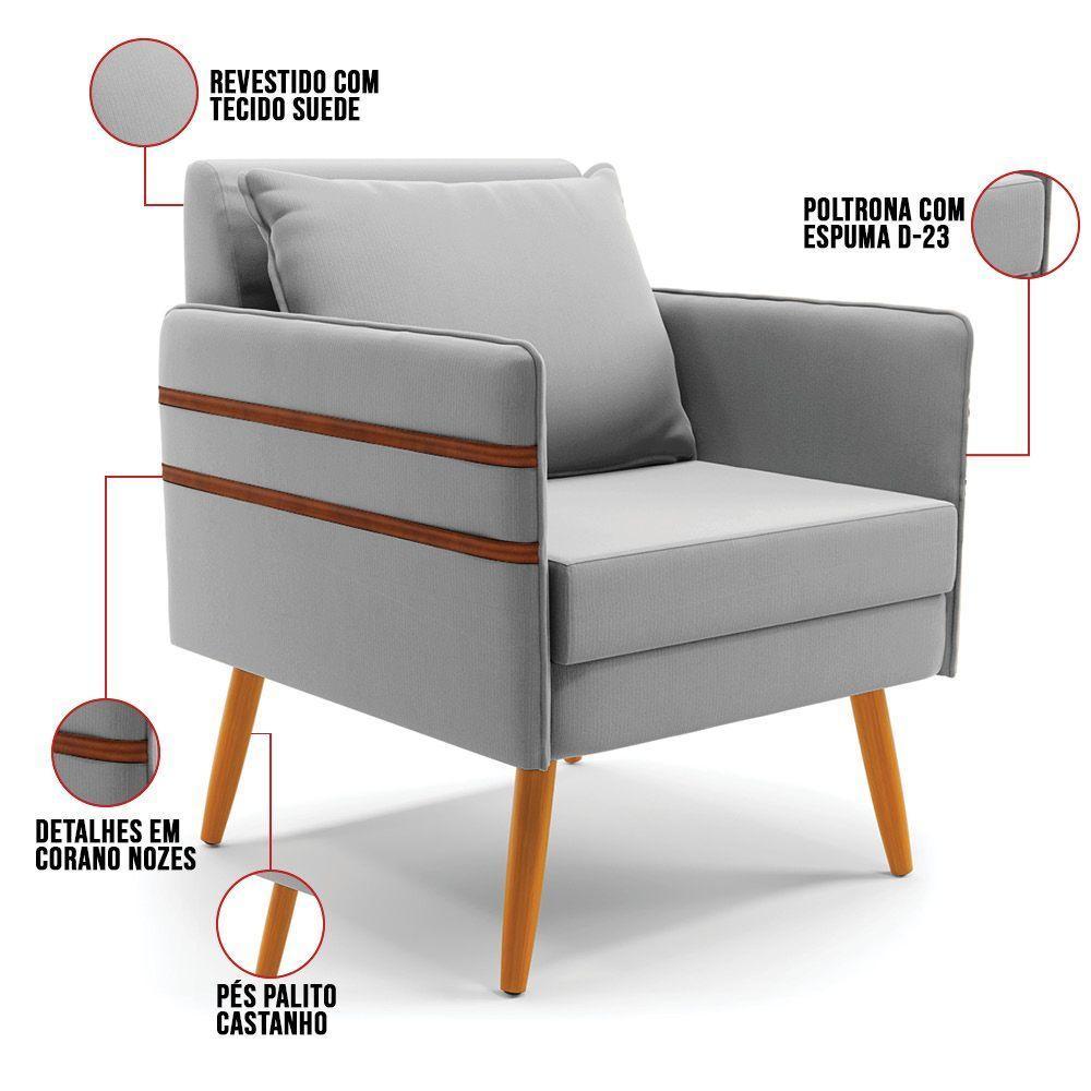 Kit 01 Namoradeira E 02 Poltronas Suede Cinza Castanho - 4