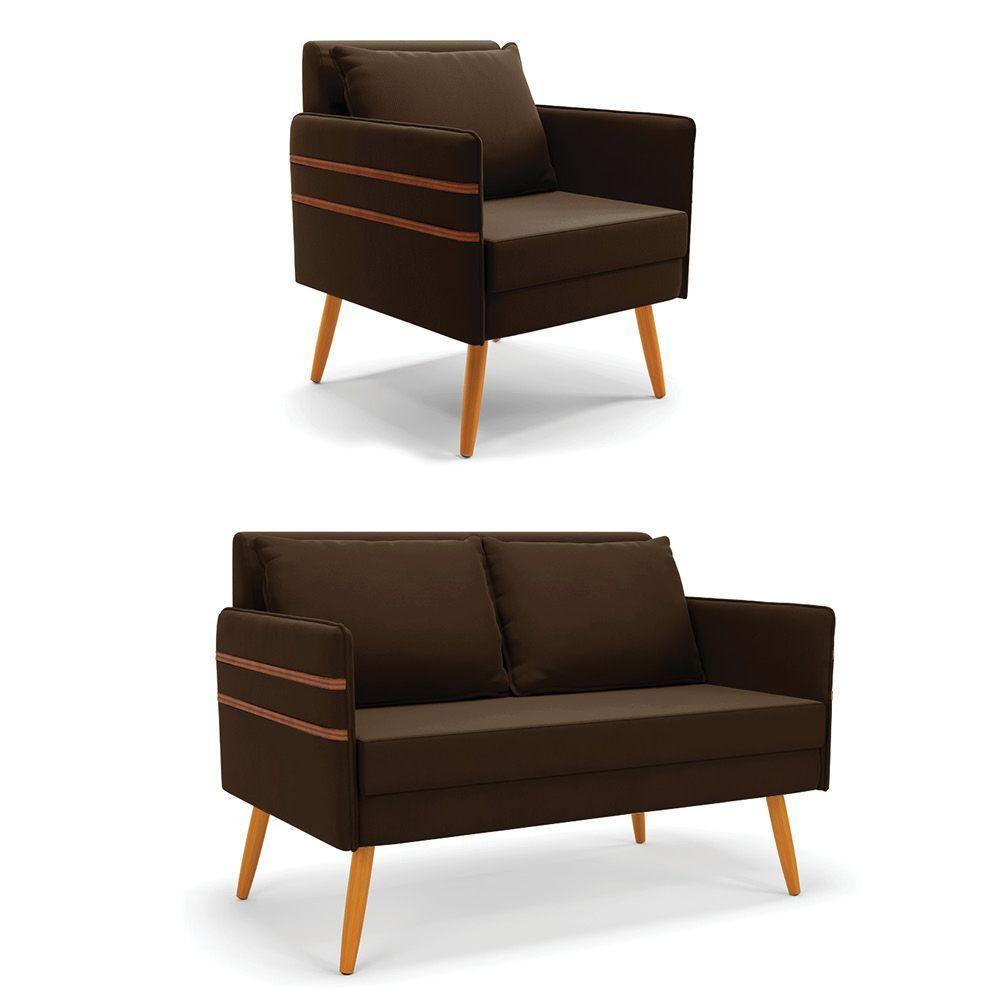 Kit 01 Namoradeira E 01 Poltrona Suede Marrom Castanho - 1