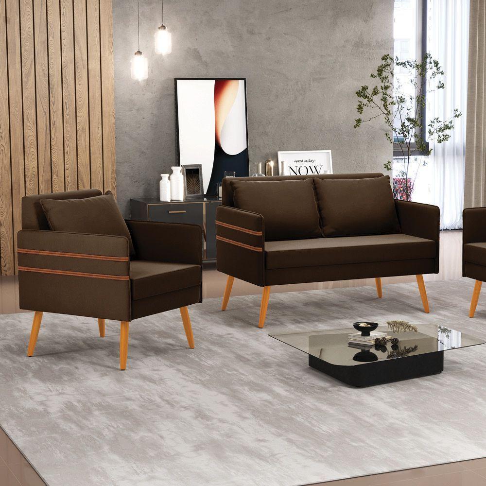 Kit 01 Namoradeira E 01 Poltrona Suede Marrom Castanho - 8
