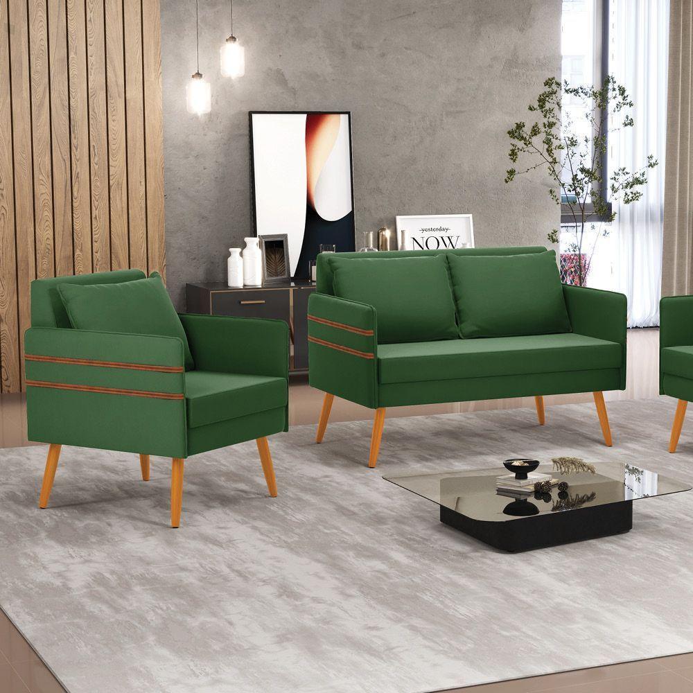 Kit 01 Namoradeira E 01 Poltrona Suede Castanho Verde - 8