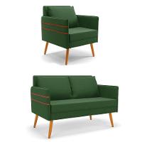 Kit 01 Namoradeira E 01 Poltrona Suede Castanho Verde - 1