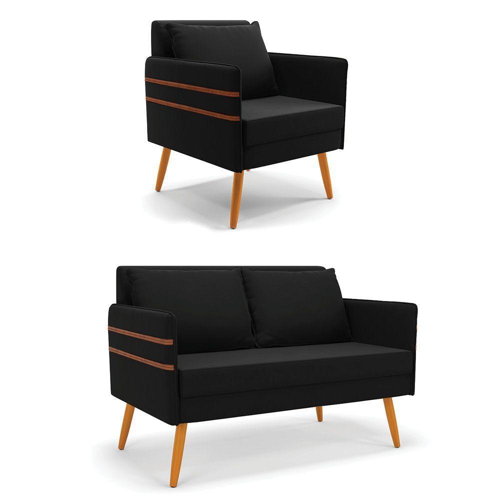 Kit 01 Namoradeira E 01 Poltrona Suede Castanho Preto - 1