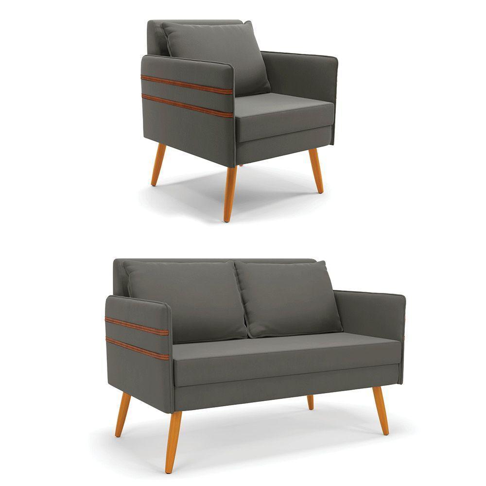 Kit 01 Namoradeira E 01 Poltrona Suede Castanho Grafite - 1