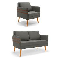 Kit 01 Namoradeira E 01 Poltrona Suede Castanho Grafite - 1