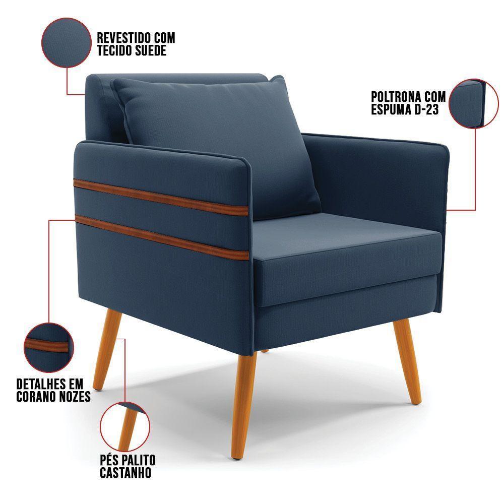 Kit 01 Namoradeira E 01 Poltrona Suede Castanho Azulnho - 4