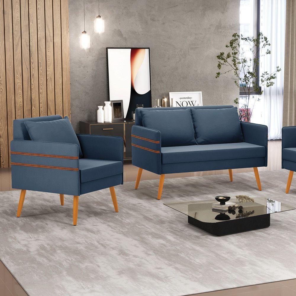 Kit 01 Namoradeira E 01 Poltrona Suede Castanho Azulnho - 8