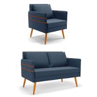 Kit 01 Namoradeira E 01 Poltrona Suede Azulnho Castanho - 1