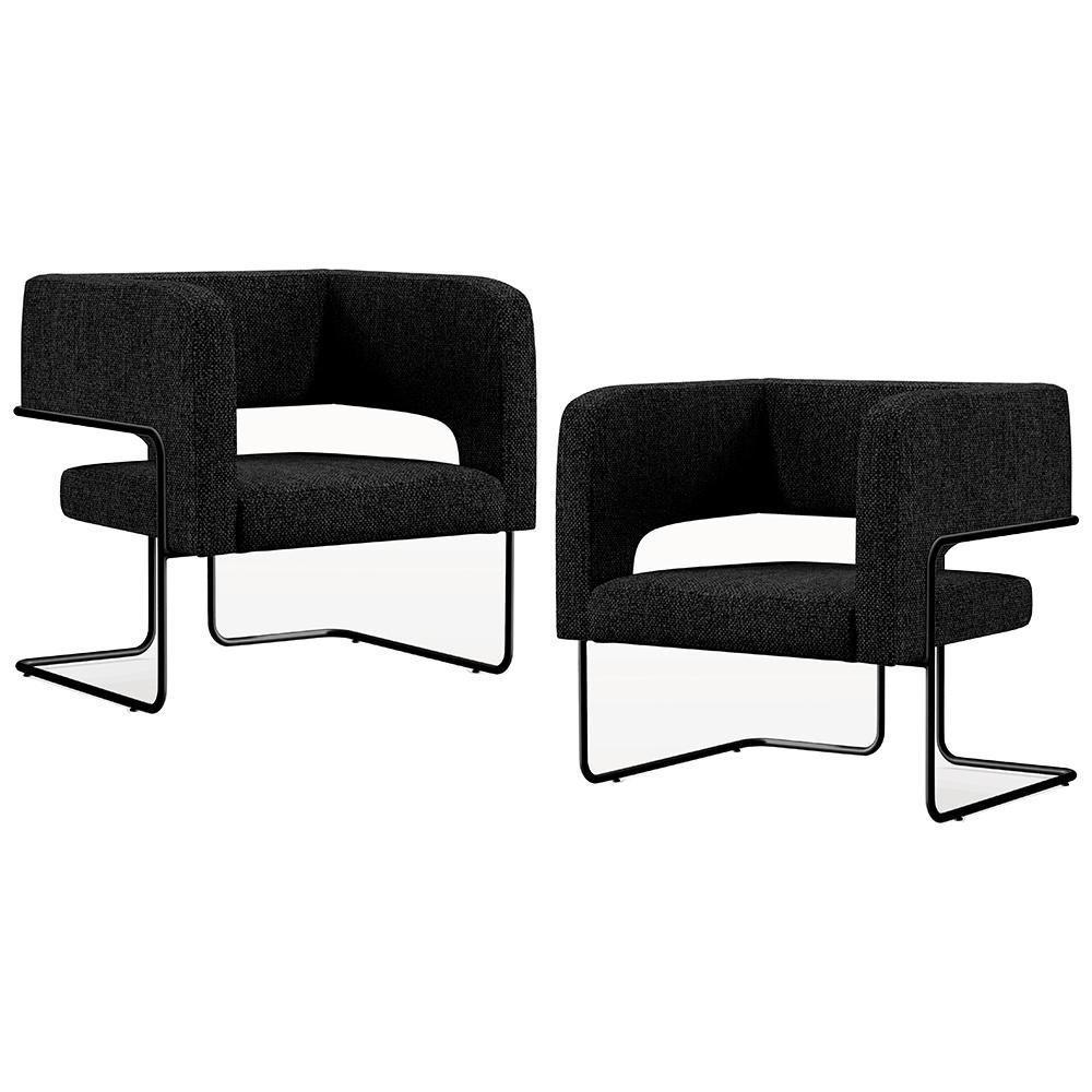 Kit 02 Poltronas Base De Aço Preto Linho Chumbo D-465 - 1