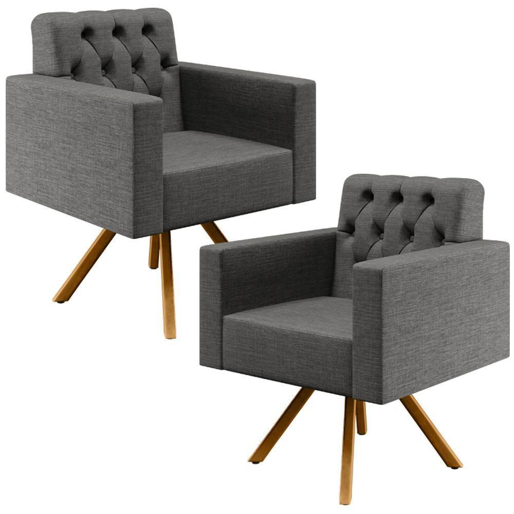 Kit 02 Poltronas Giratórias Capitonê Linho Cinza Escuro - 1