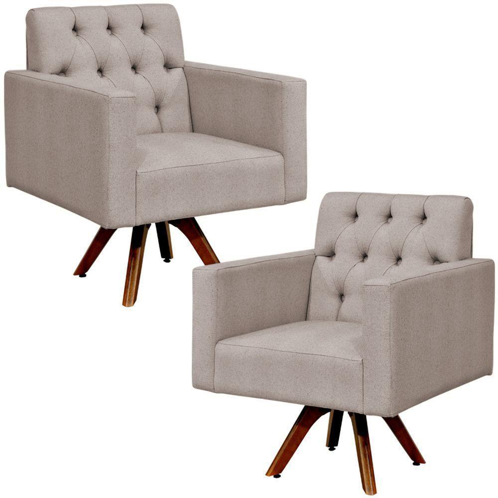 Kit 02 Poltronas Giratórias Manu L02 Capitonê Linho Bege - 1