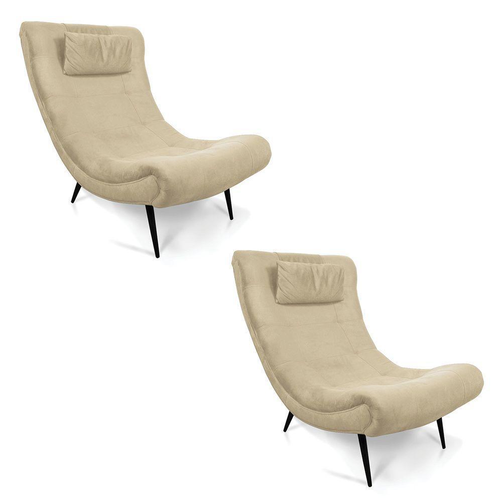 Kit 02 Poltronas Sher Suede Pés Palito De Ferro Bege - 1