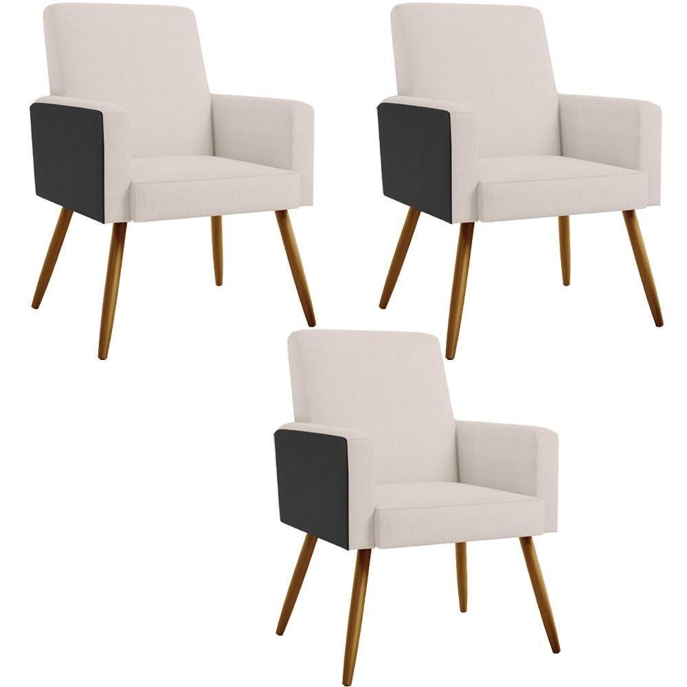 Kit 03 Poltronas Pés Palito Linho Cru Couríssimo Preto - 1