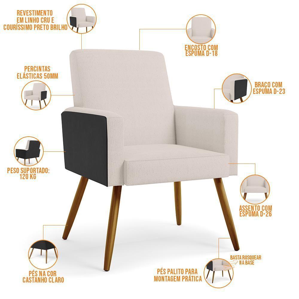 Kit 03 Poltronas Pés Palito Linho Cru Couríssimo Preto - 6