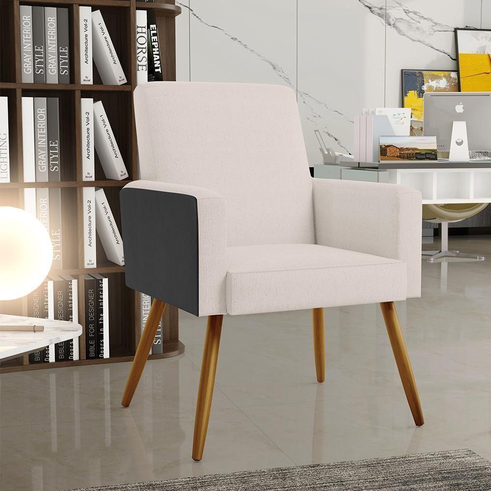 Kit 03 Poltronas Pés Palito Linho Cru Couríssimo Preto - 8