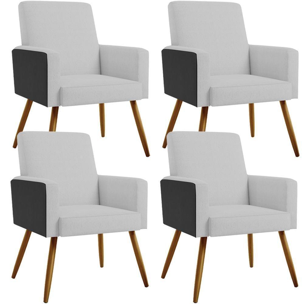 Kit 04 Poltronas Pés Palito Linho Cinza Couríssimo Preto - 1