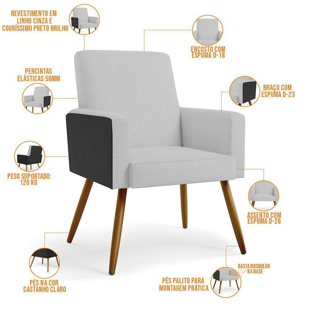 Kit 04 Poltronas Pés Palito Linho Cinza Couríssimo Preto - 6