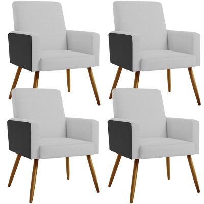 Kit 04 Poltronas Pés Palito Linho Cinza Couríssimo Preto