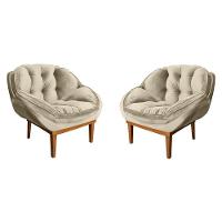 Kit 2 Poltronas Decorativa Veludo Base Madeira Castanho Bege - 1