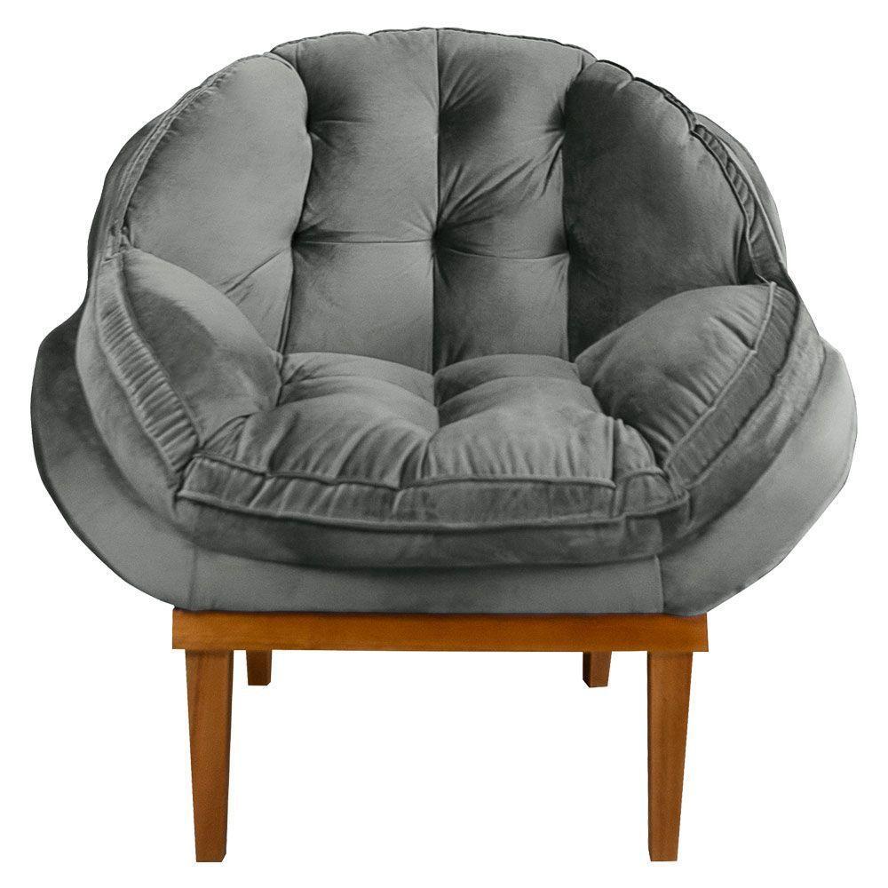 Kit 2 Poltronas Veludo Cinza Base Madeira Castanho - 4