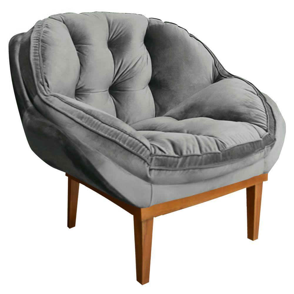 Kit 2 Poltronas Veludo Cinza Base Madeira Castanho - 5