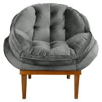 Kit 2 Poltronas Veludo Cinza Base Madeira Castanho