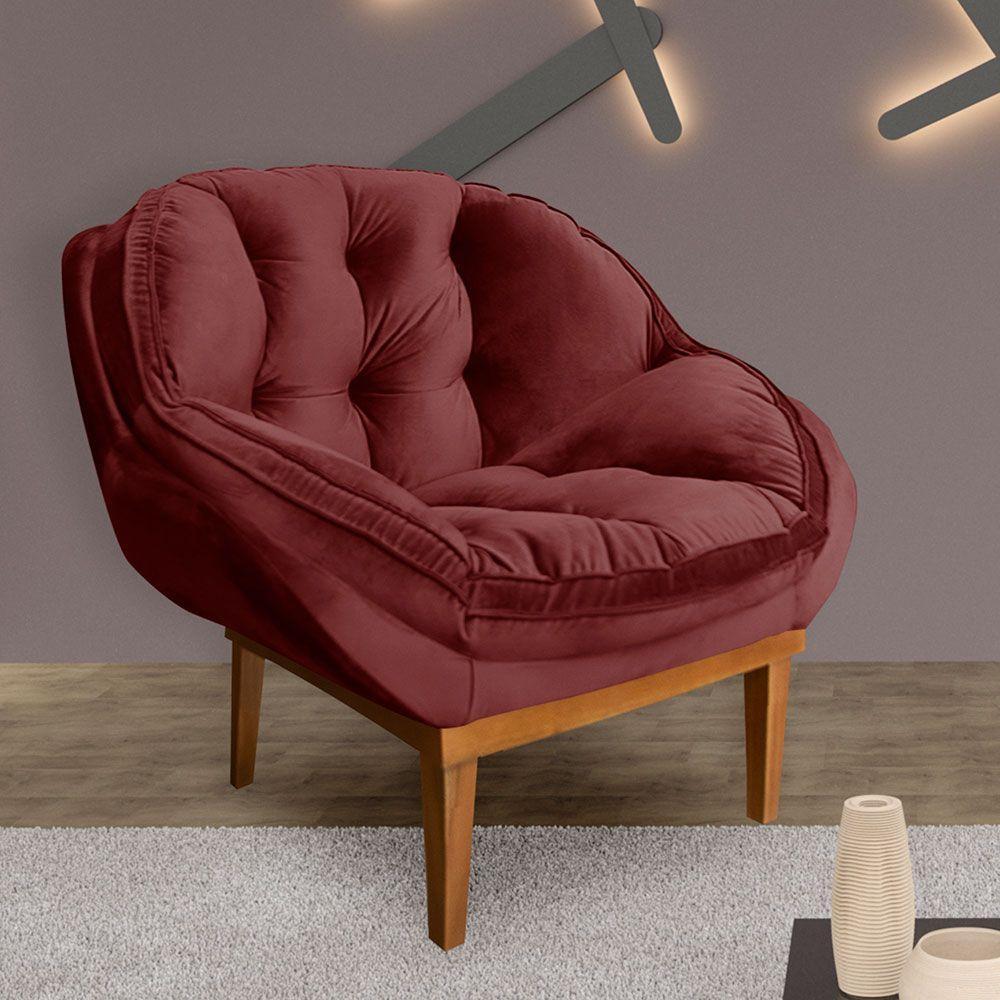 Kit 2 Poltronas Veludo Marsala Base Madeira Castanho - 6