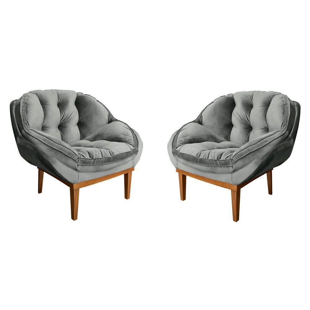 Kit 2 Poltronas Veludo Base Madeira Castanho Cinza - 1