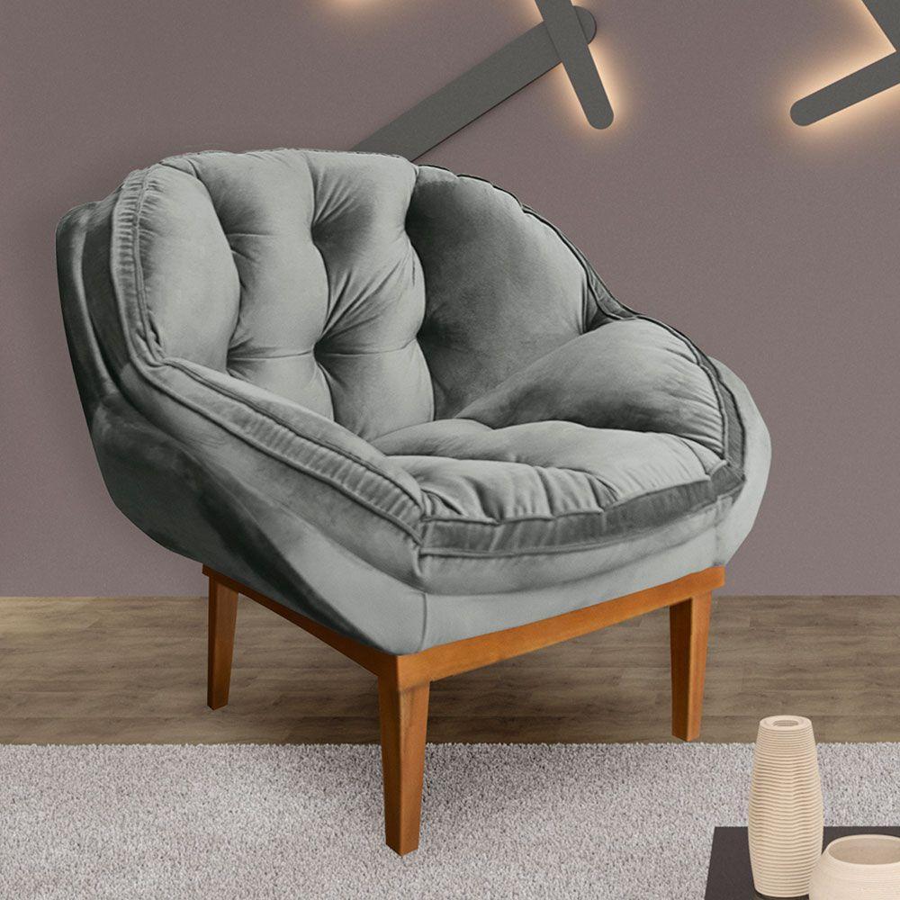 Kit 2 Poltronas Veludo Base Madeira Castanho Cinza - 6