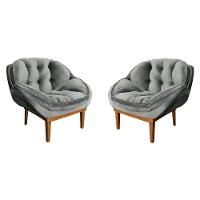 Kit 2 Poltronas Veludo Base Madeira Castanho Cinza - 1