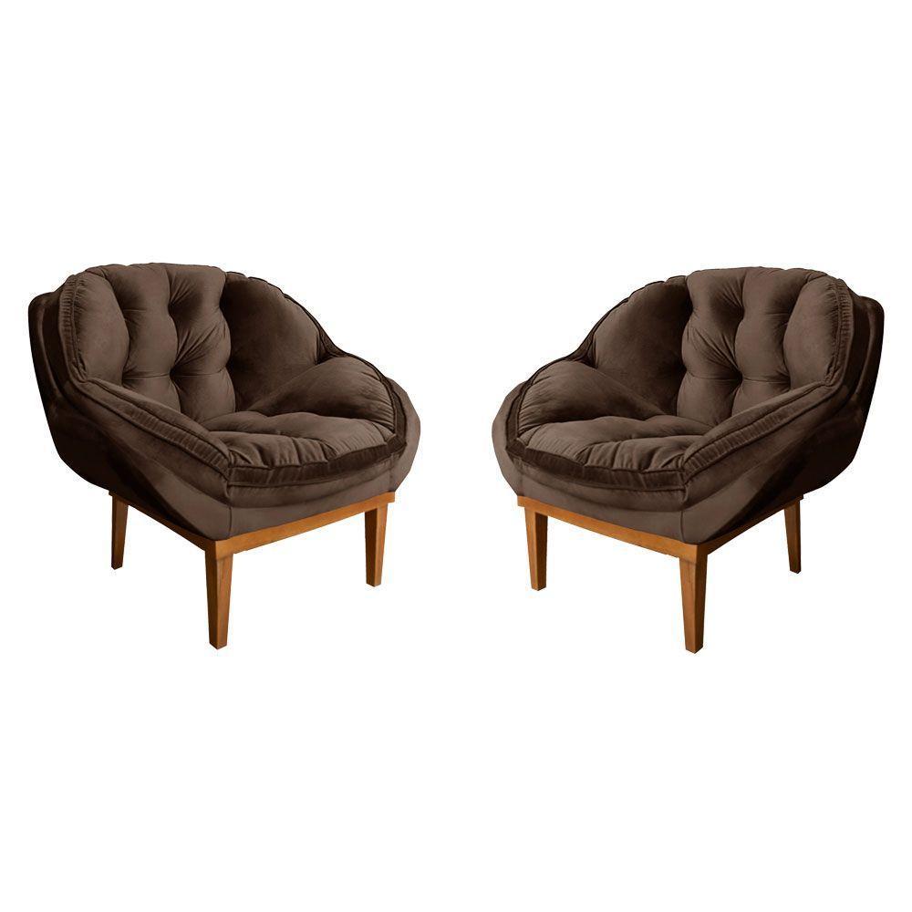 Kit 2 Poltronas Veludo Marrom Base Madeira Castanho - 1