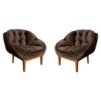 Kit 2 Poltronas Veludo Marrom Base Madeira Castanho - 1