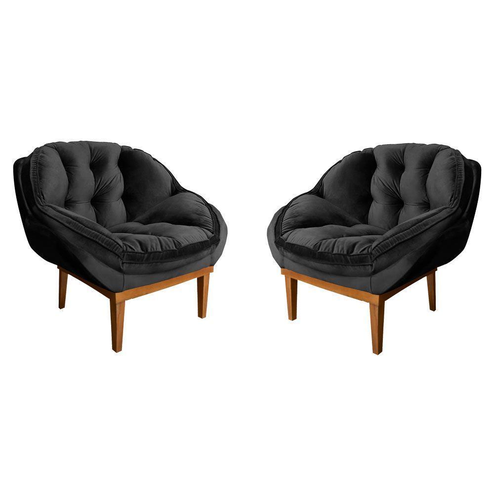Kit 2 Poltronas Veludo Preto Base Madeira Castanho - 1