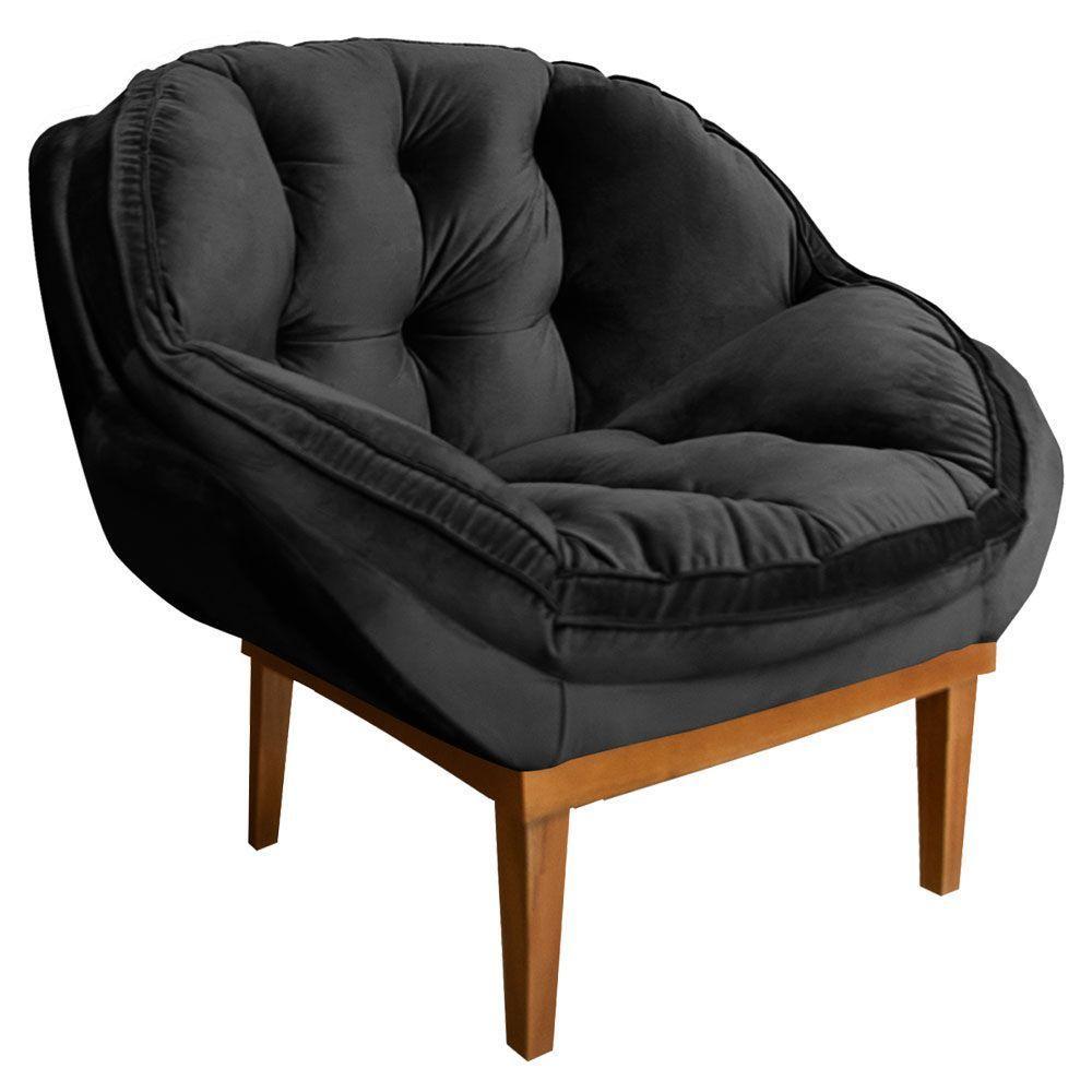 Kit 2 Poltronas Veludo Preto Base Madeira Castanho - 4