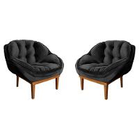 Kit 2 Poltronas Veludo Preto Base Madeira Castanho - 1